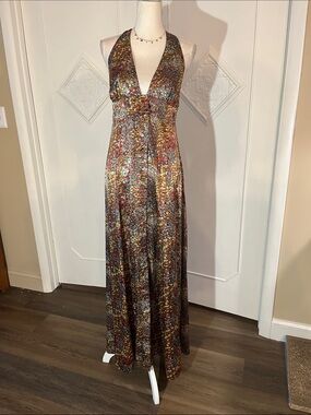 Plunging Halter Maxi Dress in Metallic Multi-Color
